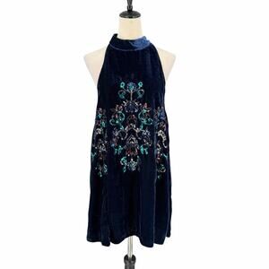 Free People Navy Velvet Sequin Embroidered Jill Whimsygoth Swing Mini Fall Dress
